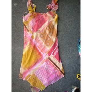 Millenium Romantic boho Patchwork Paisley Ruffle Handkerchief Hem Dress Y2K